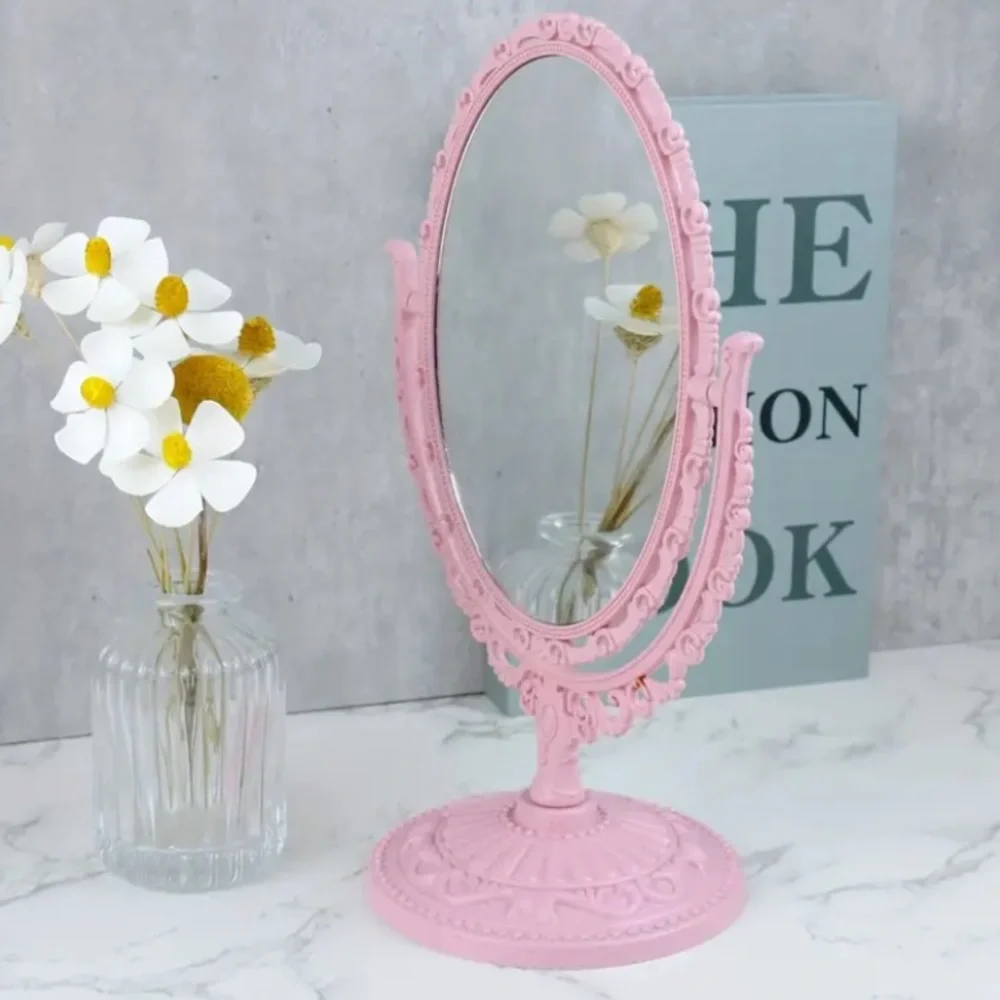 (NIB) Vintage Inspired Oval Tabletop Makeup Mirror Pink